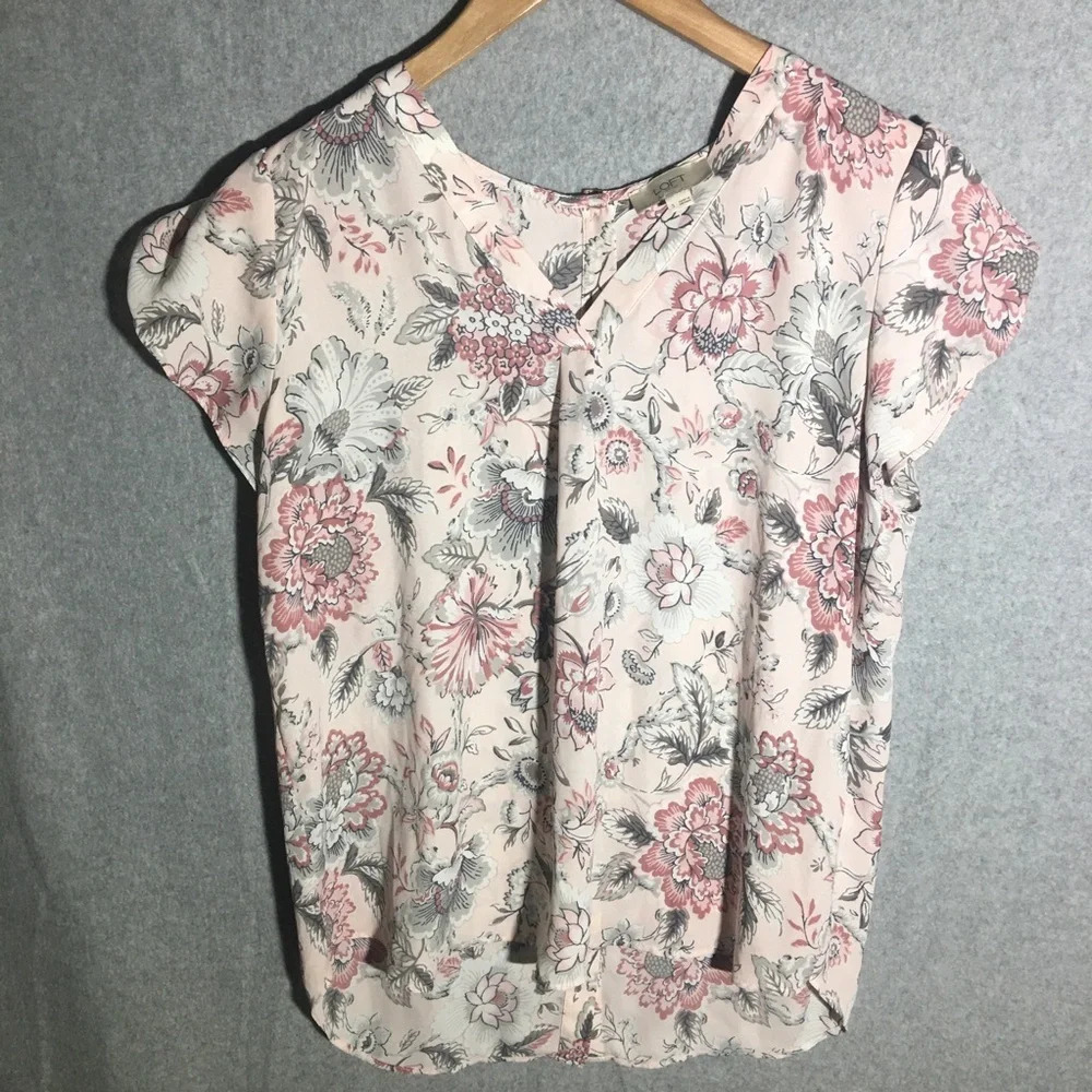 Womens Loft Blouse Floral Pink Watercolor Artsy work office career wear abstract
